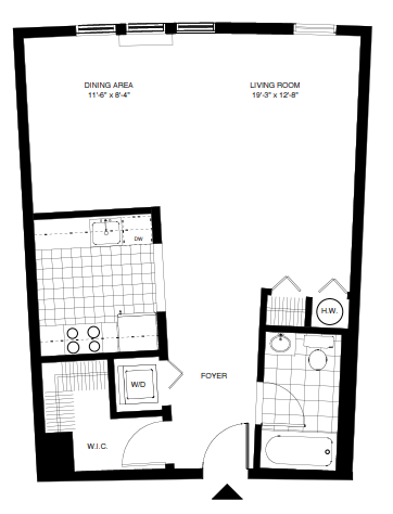 Floor plan for studio, 1 bath, 590 sqft